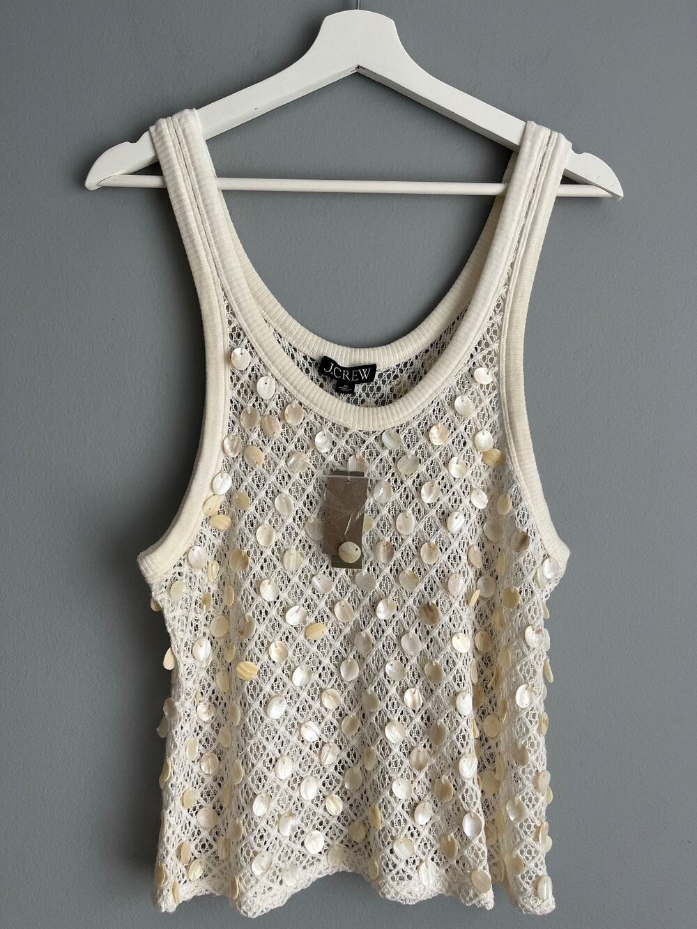 J.Crew NWT $98 Crochet Shell Embroidered Tank Top Ivory XL CA834 Coastal Boho
